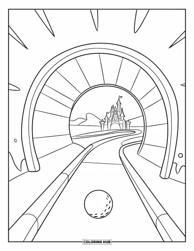 Coloriage de golf pour enfants : Tunnel de mini-golf avec une balle et un château en arrière-plan