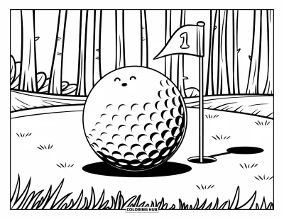 Coloriage de golf pour enfants : Une grande balle à tête de souris roule dans un champ verdoyant avec de fins arbres en arrière-plan
