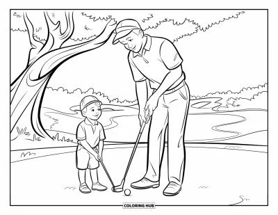 Coloriage de golf pour enfants : Un parent et son enfant jouent au golf ensemble sur un parcours avec plusieurs trous et une balle blanche