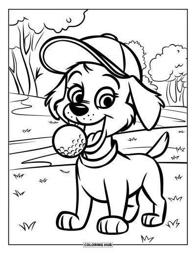 Coloriage de golf pour enfants : Un chien espiègle avec une casquette et une balle de golf se tient dans un champ herbeux