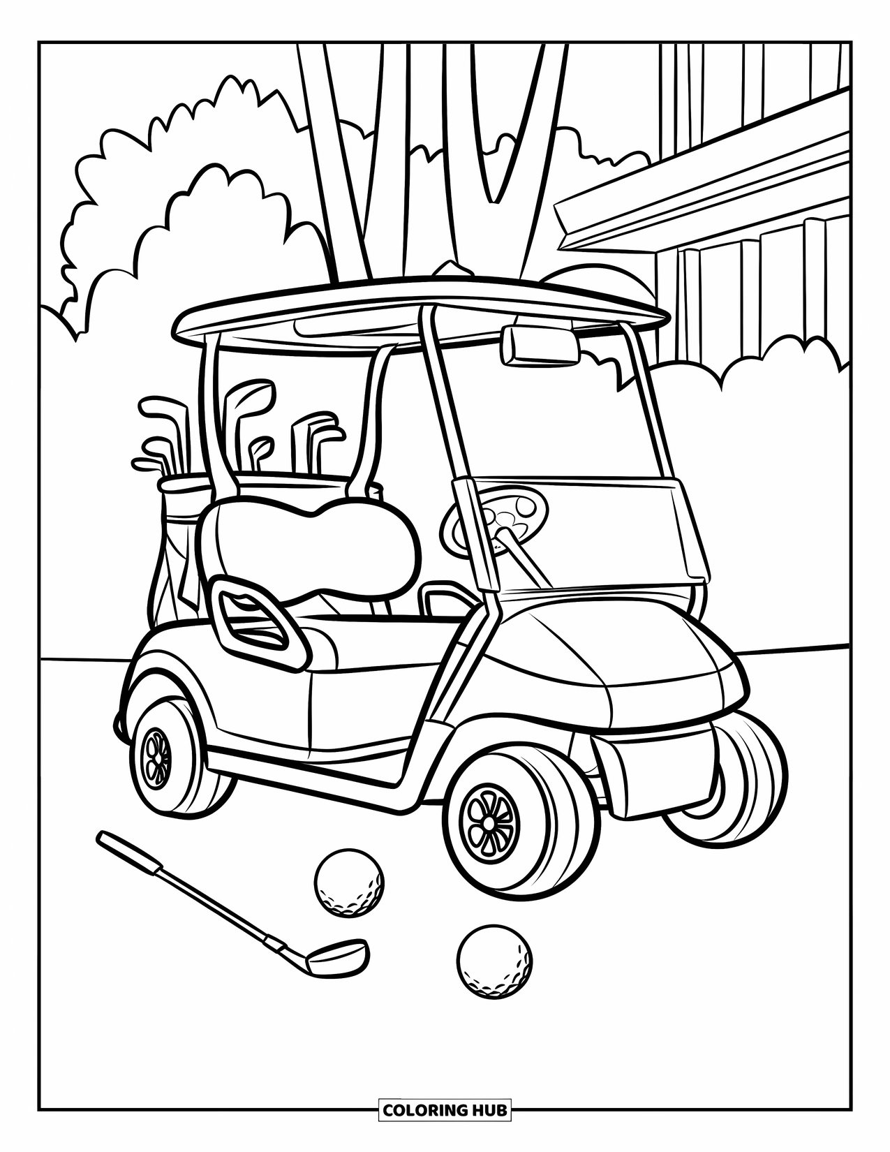 Golf Coloring Page for Kids: Practice range scene with a golf cart, balls, and a nearby building