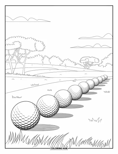 Coloriage de golf pour enfants : Zone de swing d'entraînement avec des balles alignées sous un ciel nuageux