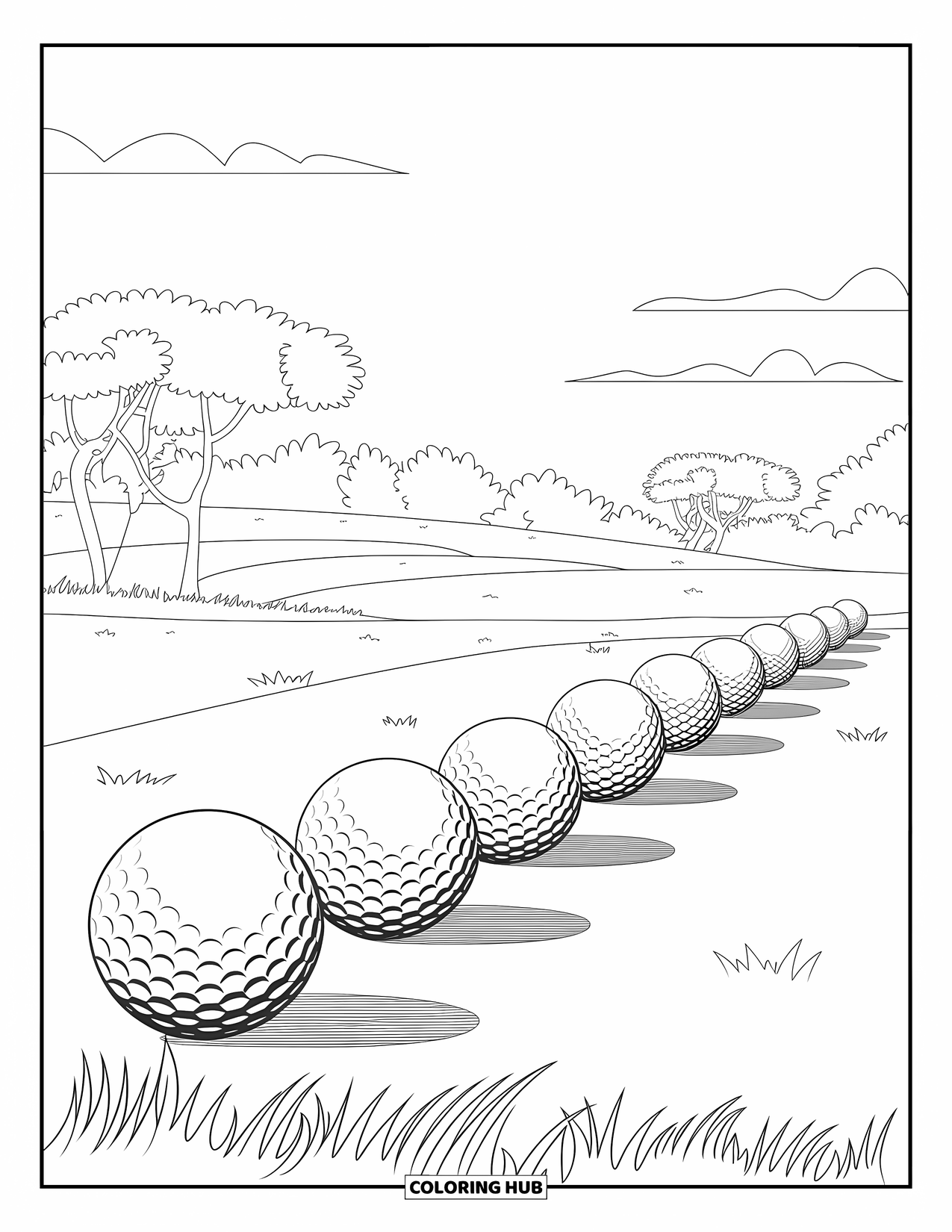 Golf Coloring Page for Kids: Practice swing area with golf balls lined up under a sky with clouds