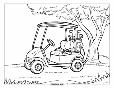 Coloriage de golf pour enfants : Voiturette aux grandes roues garée sous un arbre feuillu, parfaite pour la maternelle