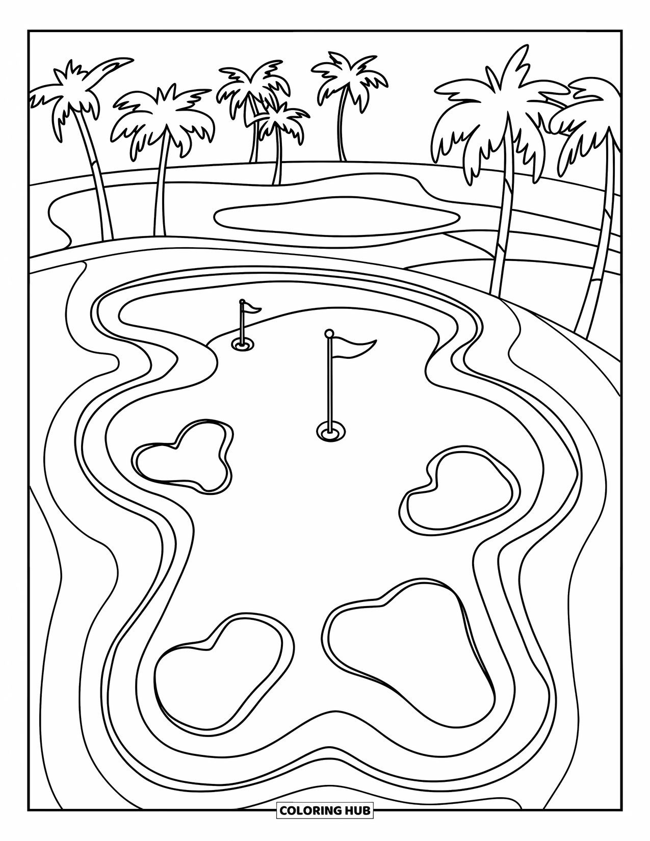 Golf Coloring Page for Kids: Putting green with heart-shaped bunkers and palm trees in the background