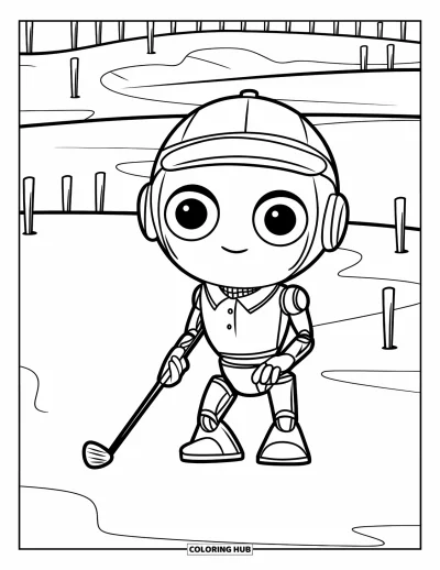 Coloriage de golf pour enfants : Un robot golfeur prépare son swing avec un petit club sur un terrain avec des poteaux blancs