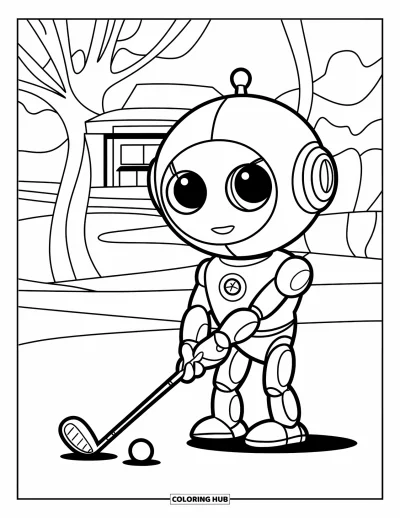 Coloriage de golf pour enfants : Un robot golfeur avec un nez-bouton se prépare à swinguer sur un terrain près d'arbres