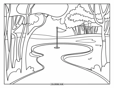 Coloriage de golf pour enfants : Un court chemin de golf avec des arbres se termine devant un grand trou avec drapeau