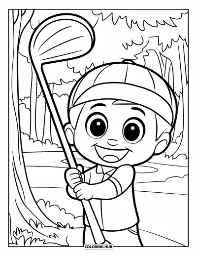 Coloriage de golf pour enfants : Un enfant souriant tient un immense club de golf près de grands arbres en forêt