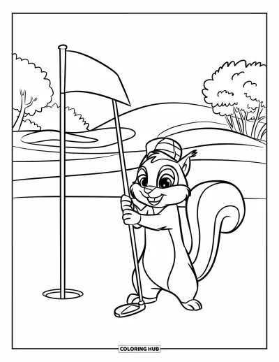 Coloriage de golf pour enfants : Un écureuil chapeau posé sur un champ herbeux tient un club près d'un trou
