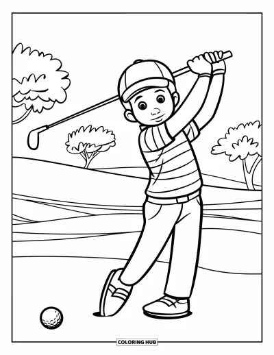Coloriage de golf pour enfants : Un golfeur en chemise rayée lève un club, prêt à frapper une balle sur l'herbe