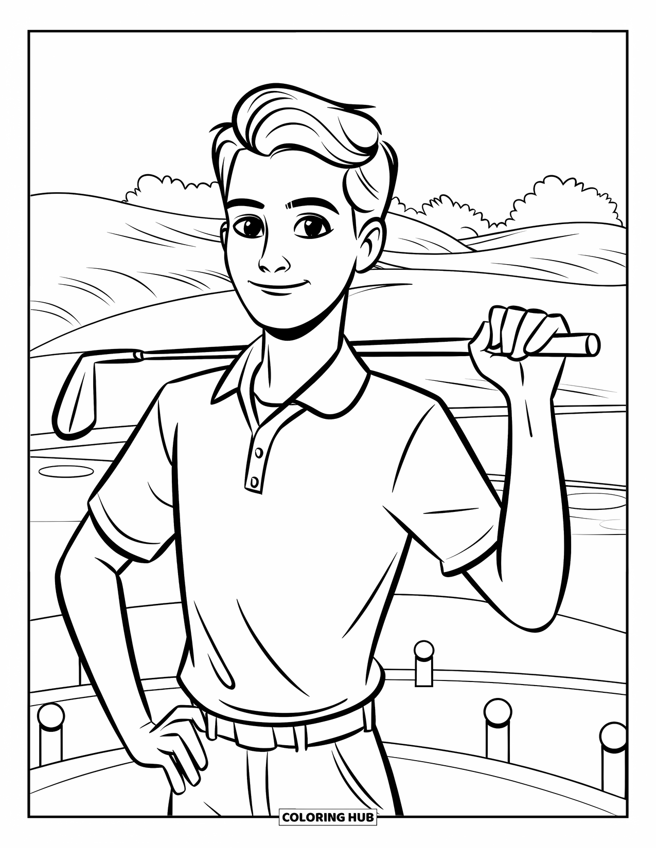 Golf Coloring Page for Kids: Stylish teen with a club poses confidently on a course with white posts