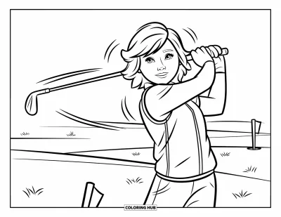 Coloriage de golf pour enfants : Un adolescent en plein swing avec des cheveux qui volent et des lignes dynamiques sur un parcours verdoyant