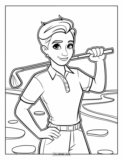 Coloriage de golf pour enfants : Un adolescent se tient fièrement sur un parcours verdoyant avec des contours nets et des pierres blanches