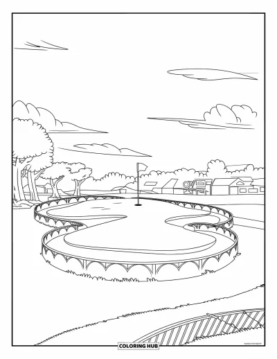 Coloriage de golf pour enfants : Parcours de golf triangulaire avec trois trous, des arbres et une clôture à proximité