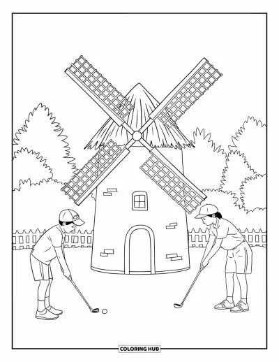 Coloriage de golf pour enfants : Deux enfants jouent au mini-golf en visant un petit moulin au toit de chaume