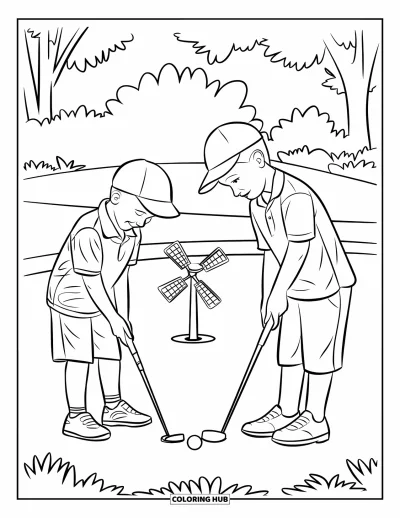 Coloriage de golf pour enfants : Deux enfants jouent au mini-golf à tour de rôle près d'un moulin sur un parcours ludique