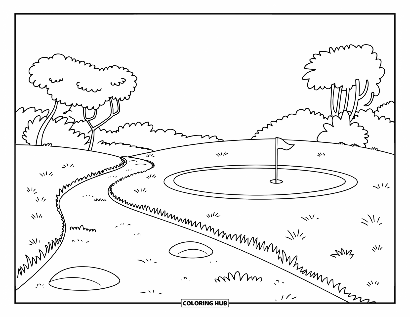 Golf Coloring Page for Kids: Winding path with trees leads to a circular green and a single golf hole