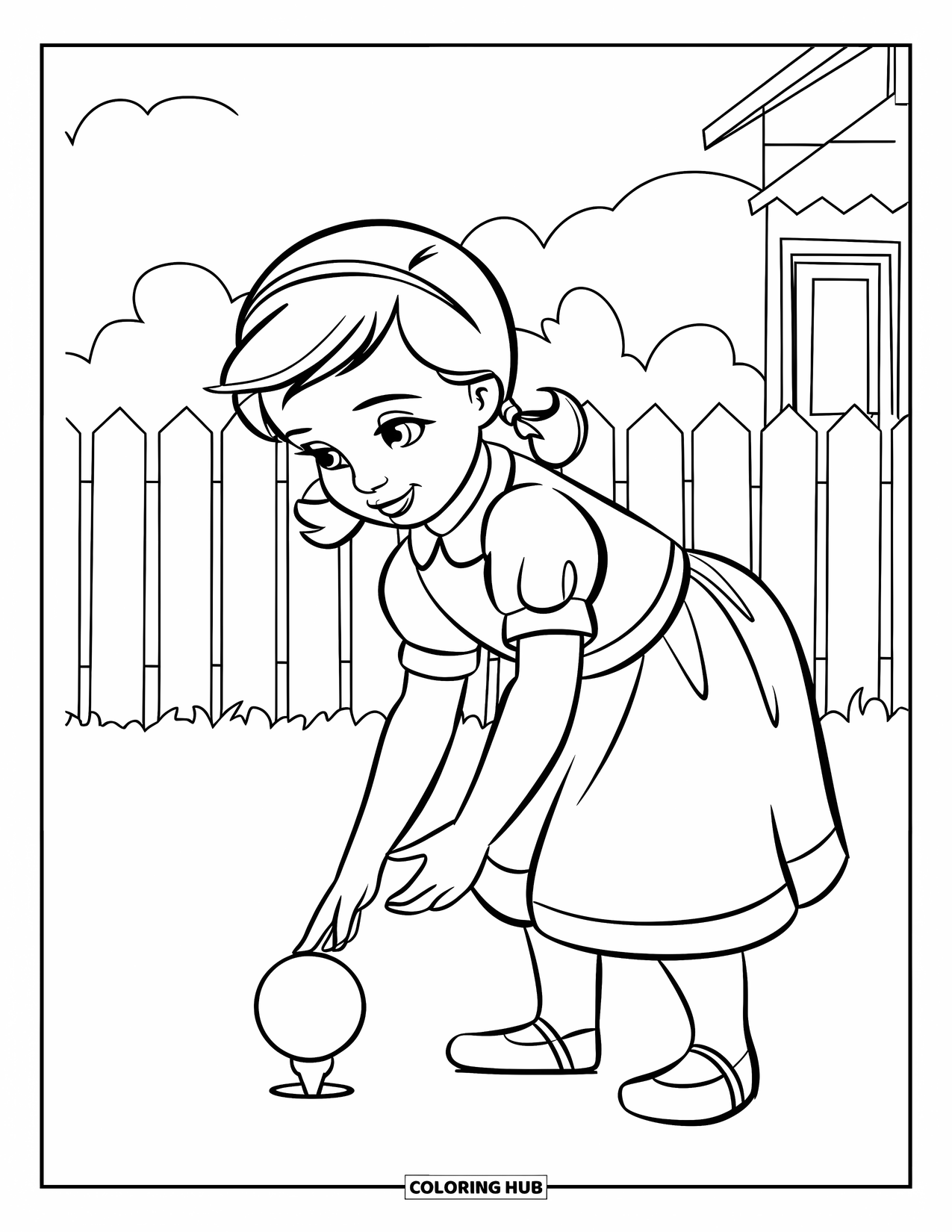 Golf Coloring Page for Kids: Young girl in pigtails bends to place a ball on a tee near a yellow building