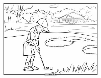 Coloriage de golf pour enfants : Un jeune golfeur se prépare à putter avec des bunkers et un club-house en arrière-plan