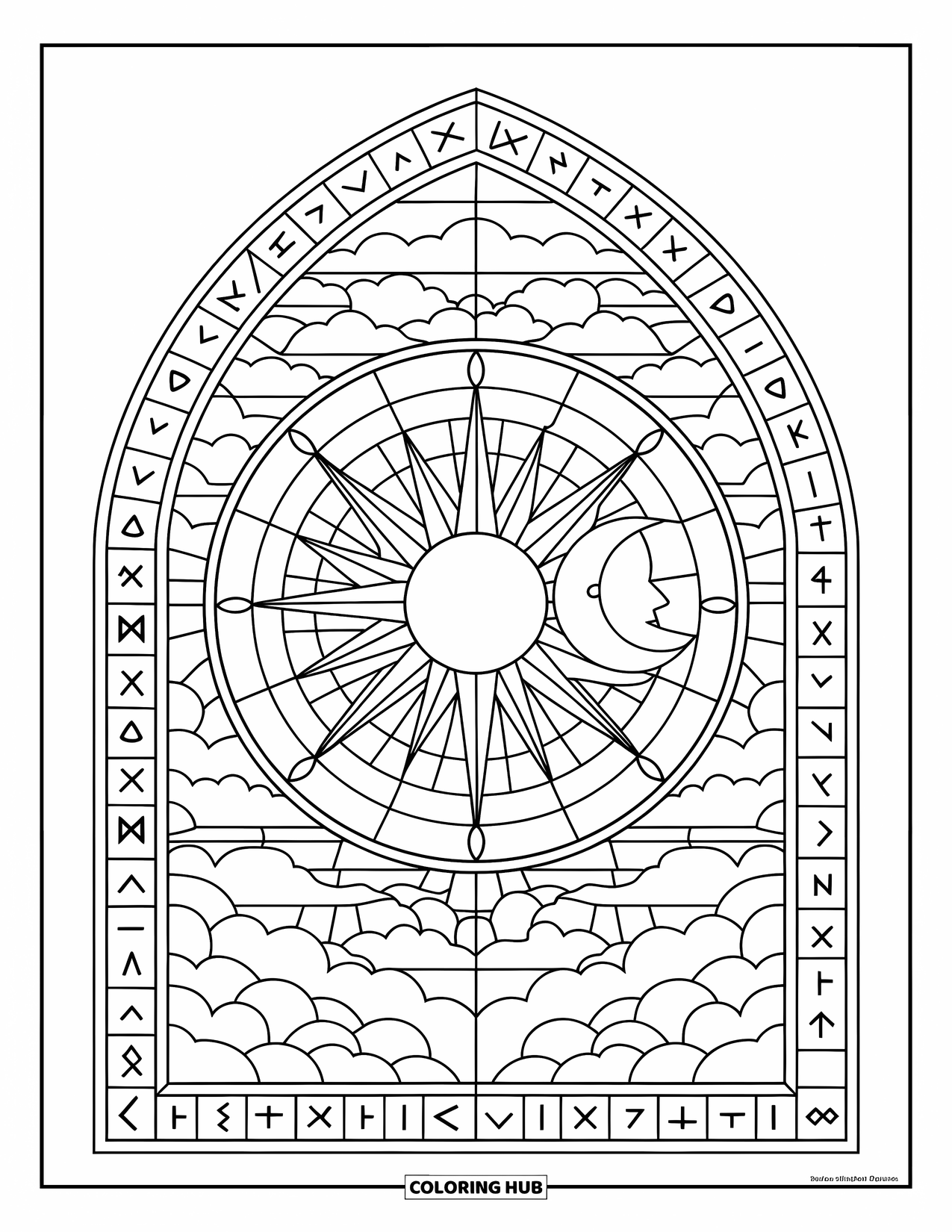 Gothic Coloring Page for Adults: A cathedral window frames a sun and moon surrounded by runes and sky-filled details