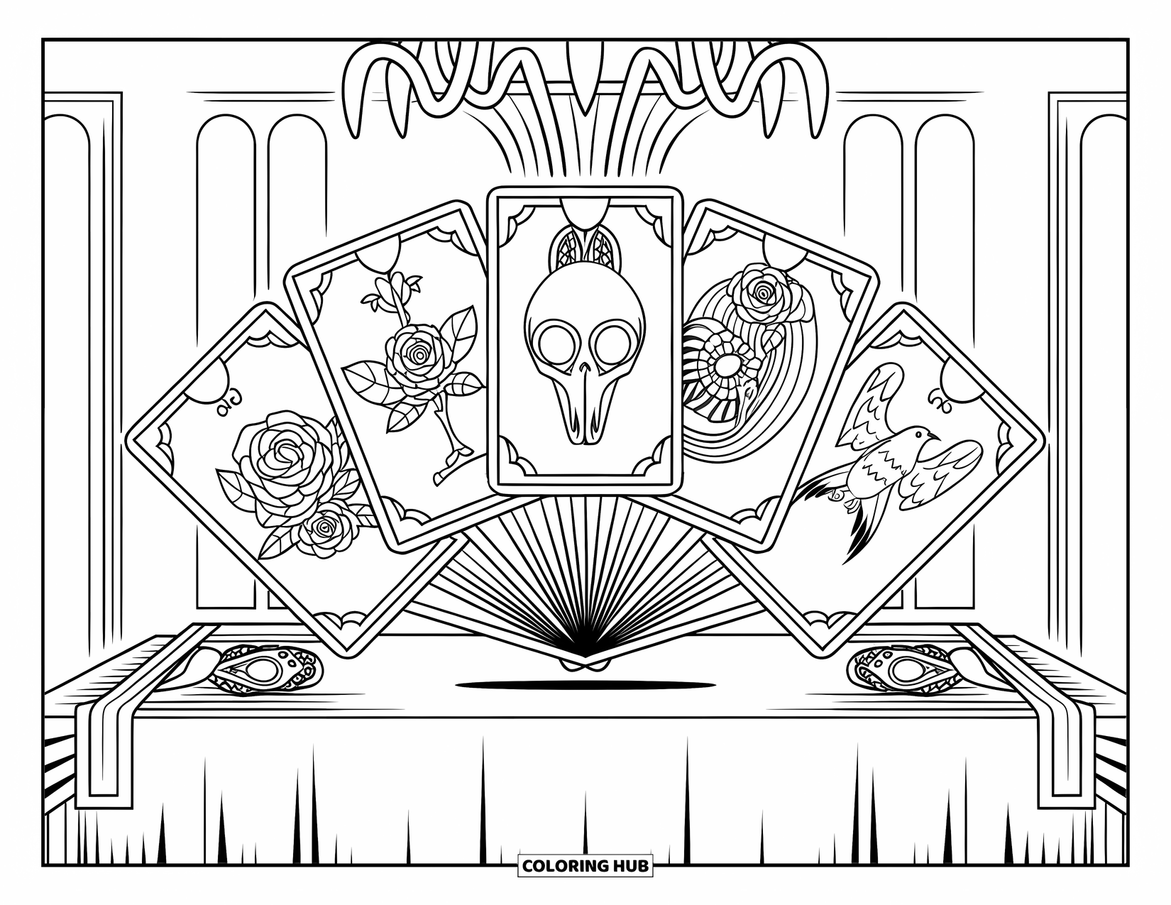 Gothic Coloring Page for Adults: A chandelier glows above a tarot spread, with ravens, skulls, and roses on each card