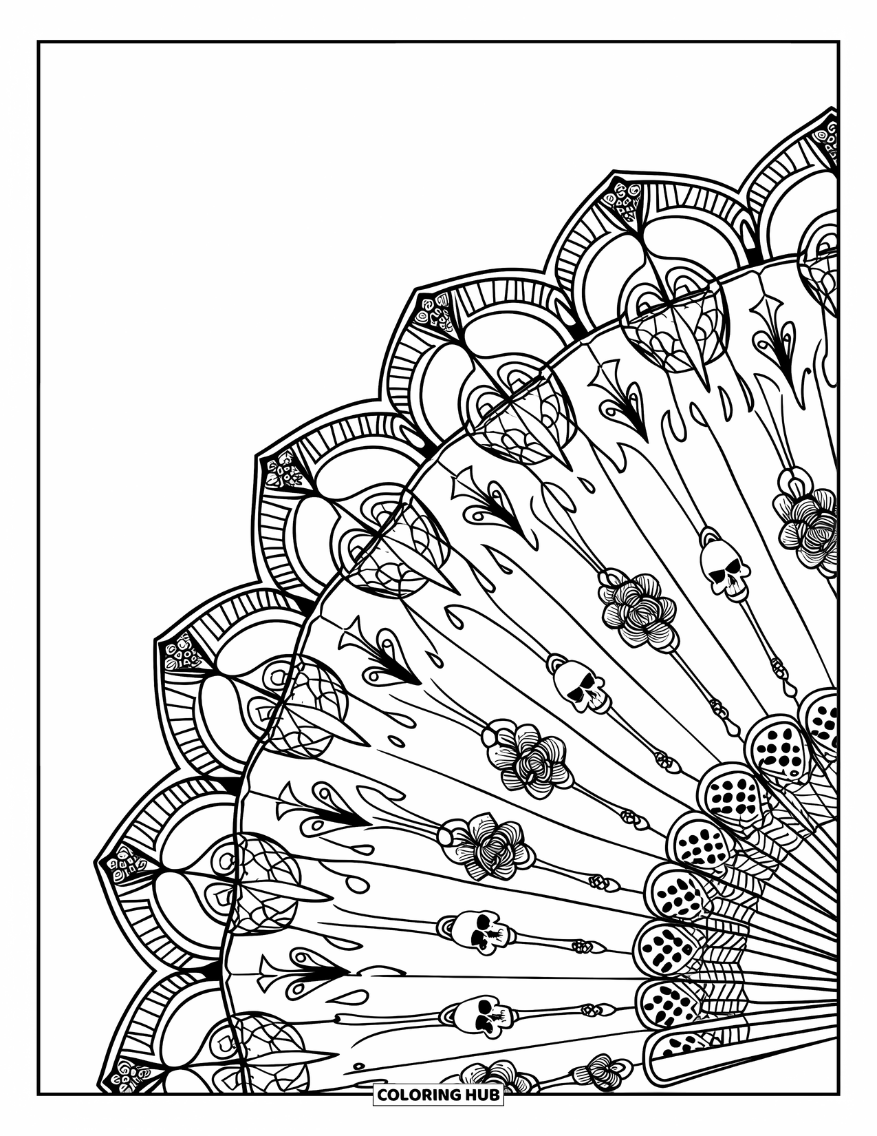 Gothic Coloring Page for Adults: A close-up fan displays skulls, lace, and roses in a gothic-style pattern