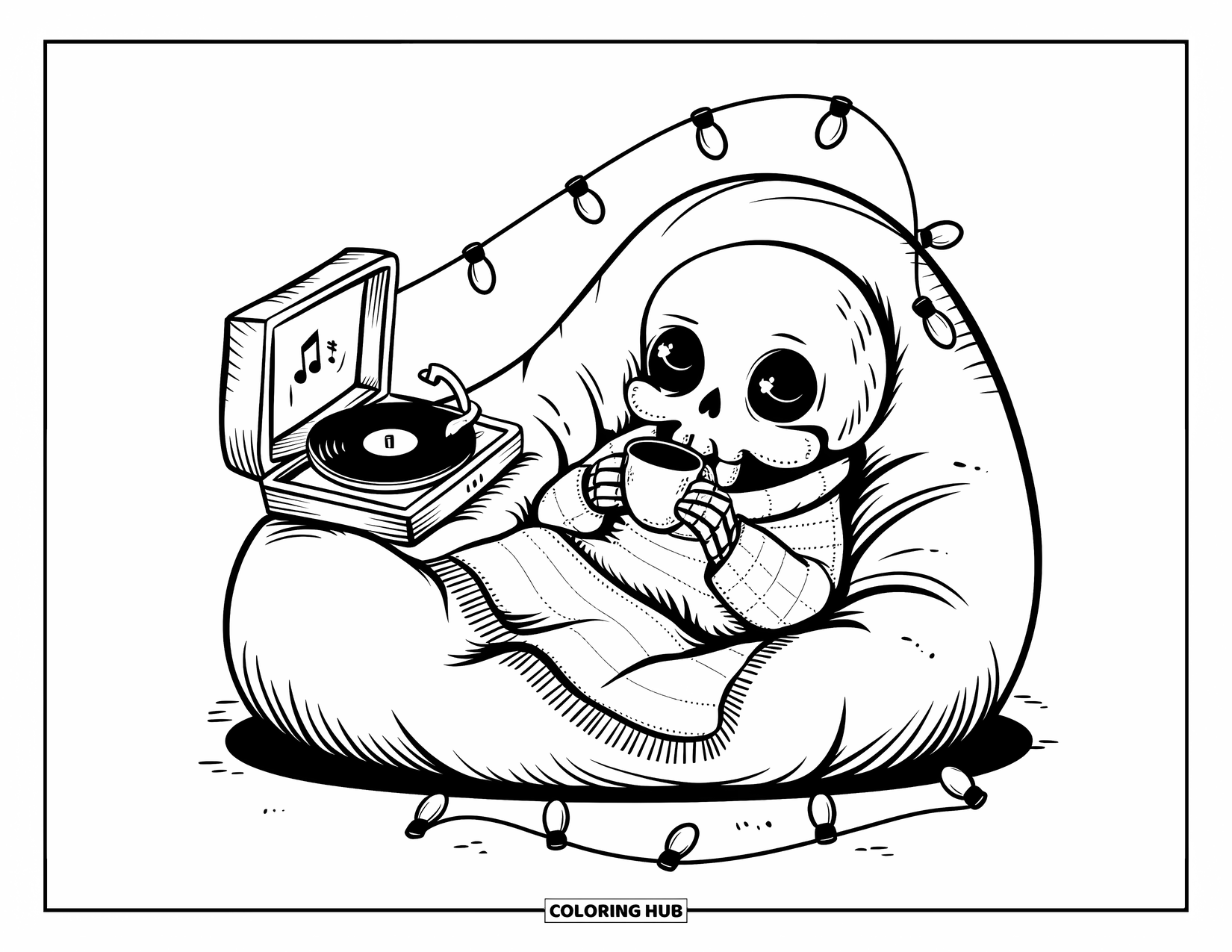 Gothic Coloring Page for Adults: A cozy skeleton sips tea beside a haunted record player under glowing fairy lights