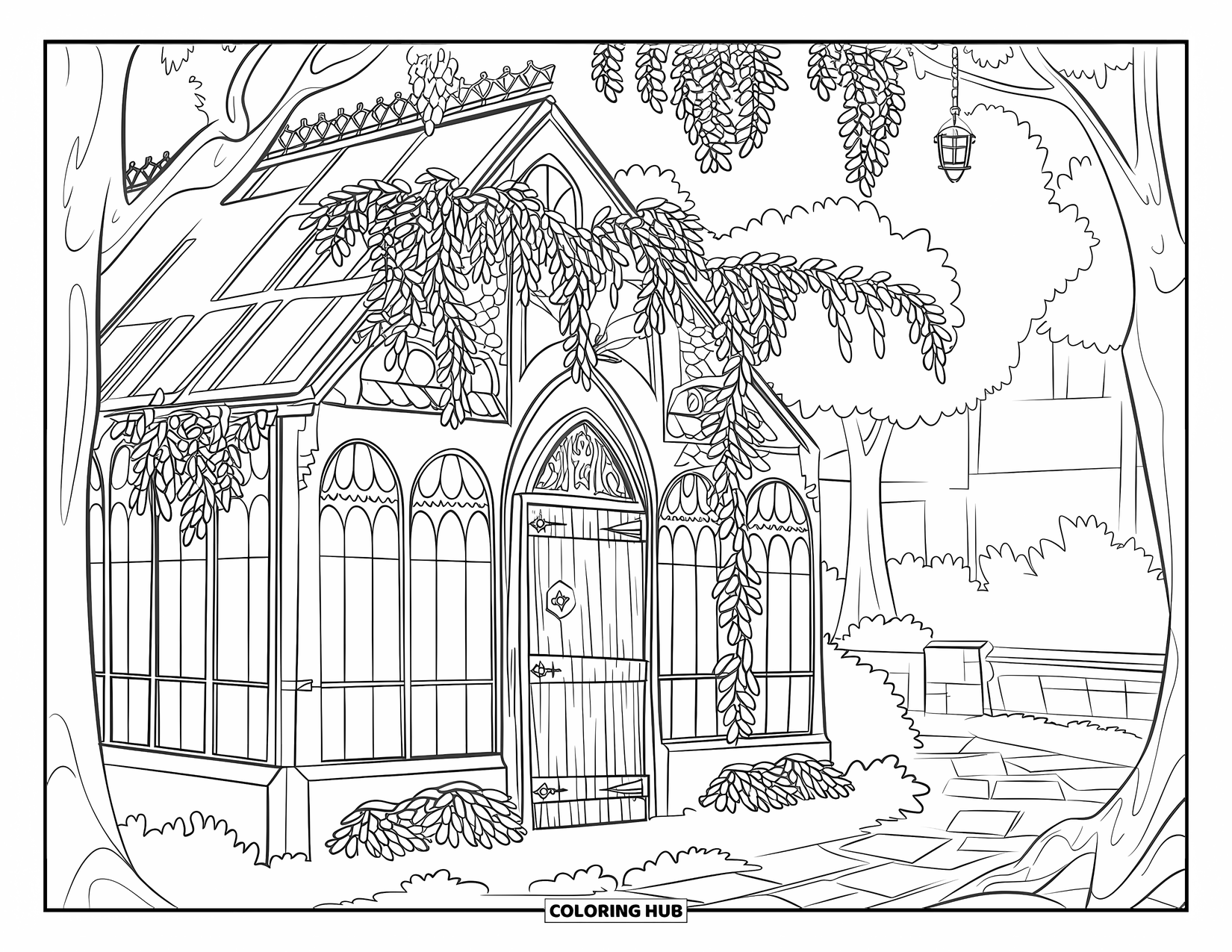 Gothic Coloring Page for Adults: A gothic greenhouse with lanterns and vines sits quietly along a stone garden path
