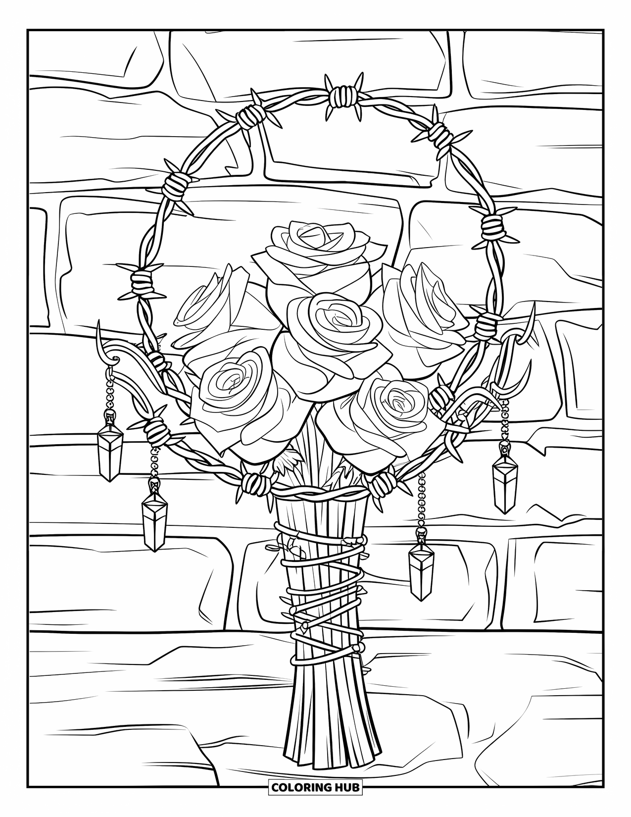 Gothic Coloring Page for Adults: A rose bouquet with barbed wire and crystal pendants rests against a stone wall