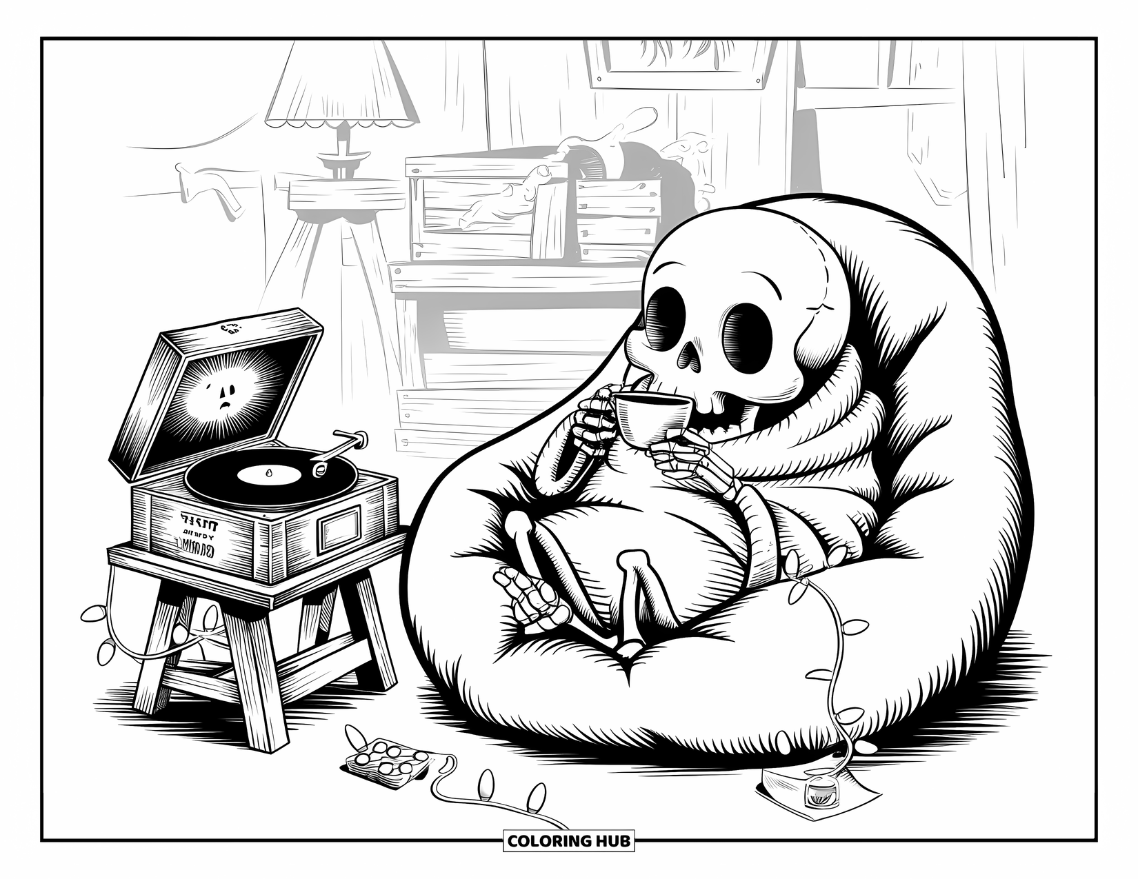 Gothic Coloring Page for Adults: A skeleton enjoys tea in a bean bag while spooky music plays beside vintage decor