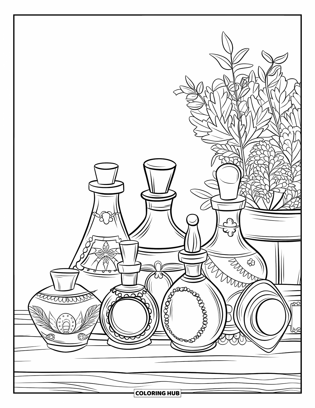 Gothic Coloring Page for Adults: Ornate potion bottles sit beside herbs and a box on a wooden shelf