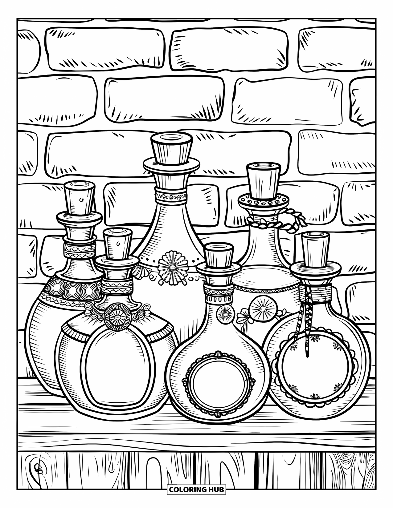 Gothic Coloring Page for Adults: Potion bottles with vintage labels sit on a shelf against a brick wall background