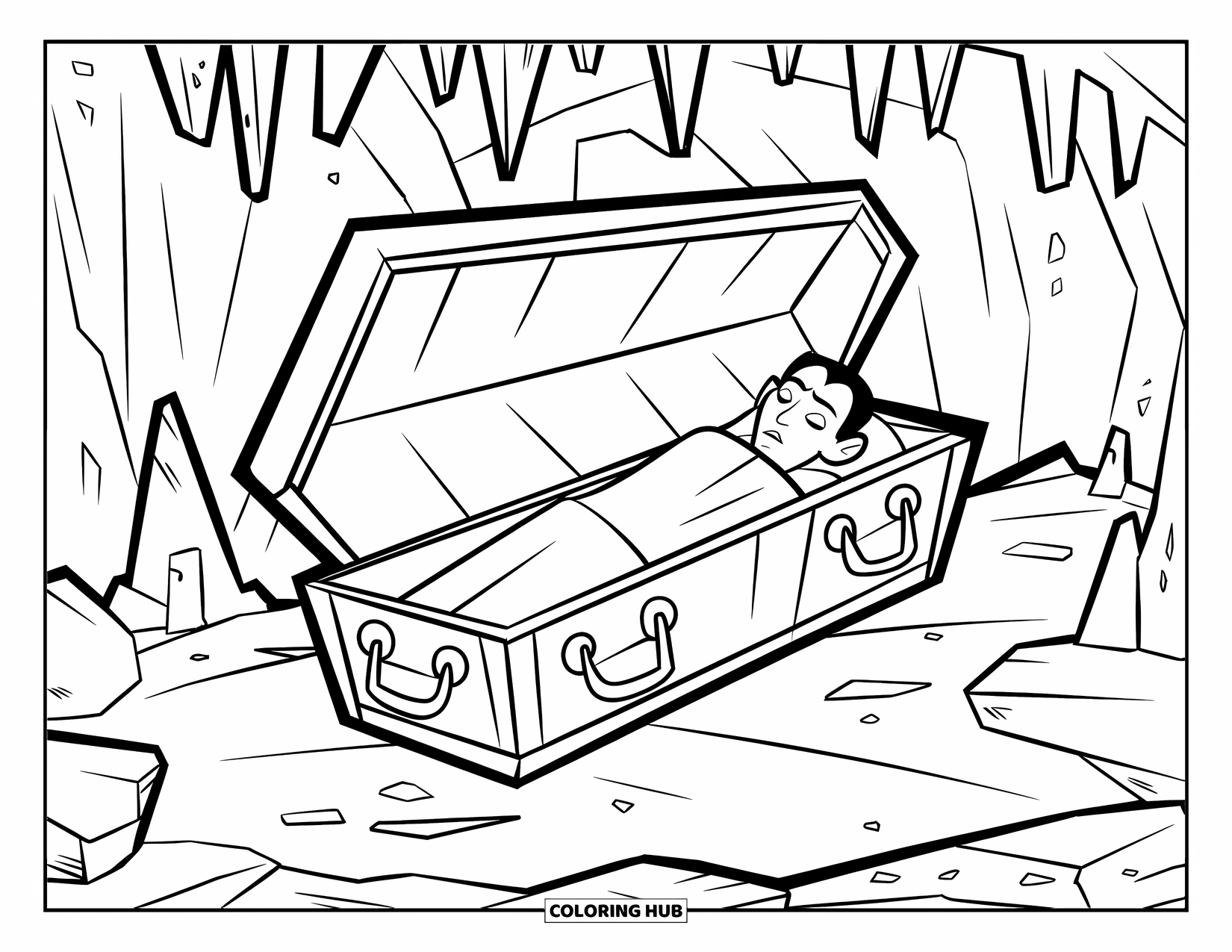 Gothic Coloring Page for Kids: A cartoon vampire rests in a coffin surrounded by rocky cave walls and stalagmites
