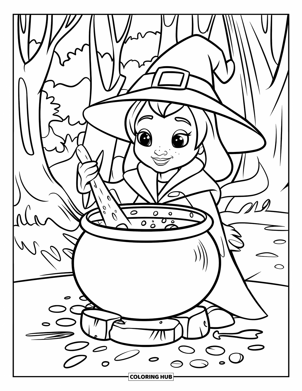 Gothic Coloring Page for Kids: A cheerful witch stirs a cauldron surrounded by ingredients deep in the woods