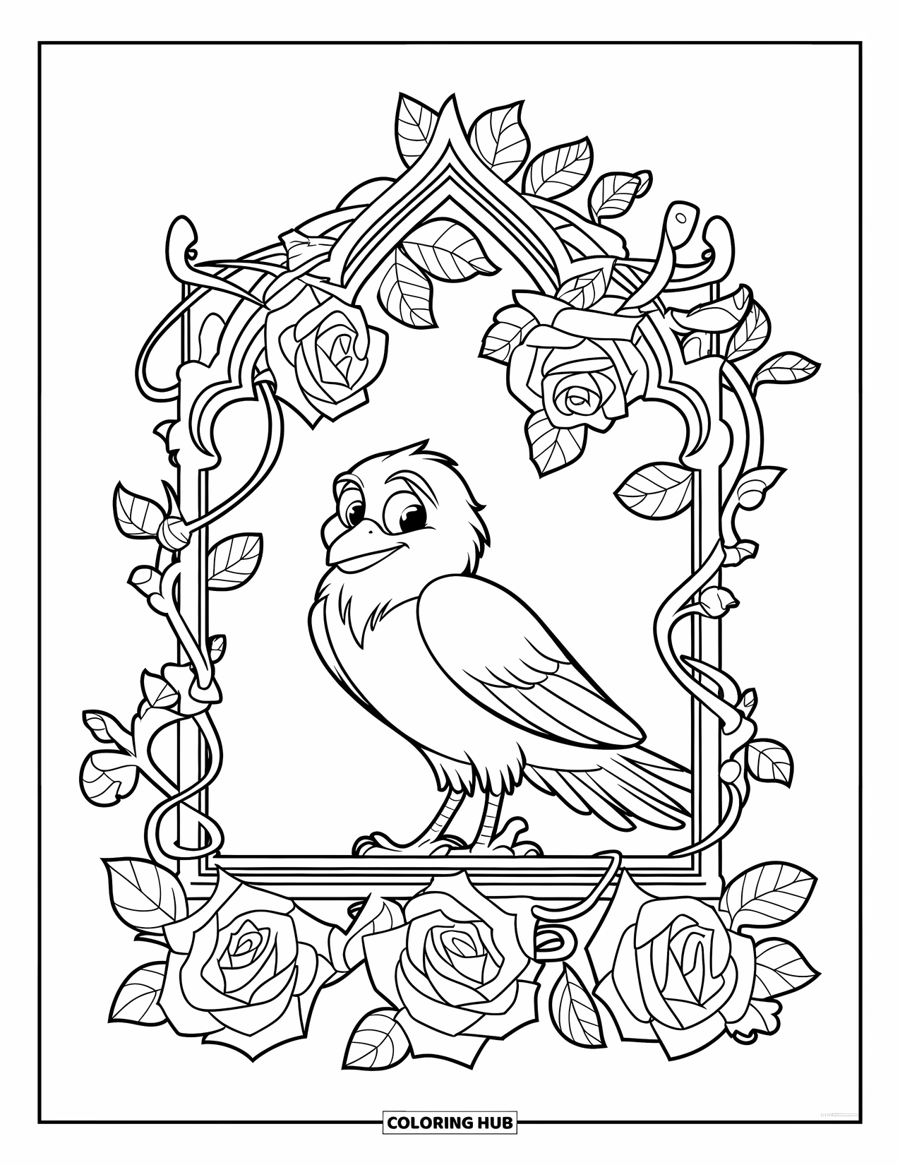Gothic Coloring Page for Kids: A chubby raven sits in a gothic frame filled with roses and twisting vines