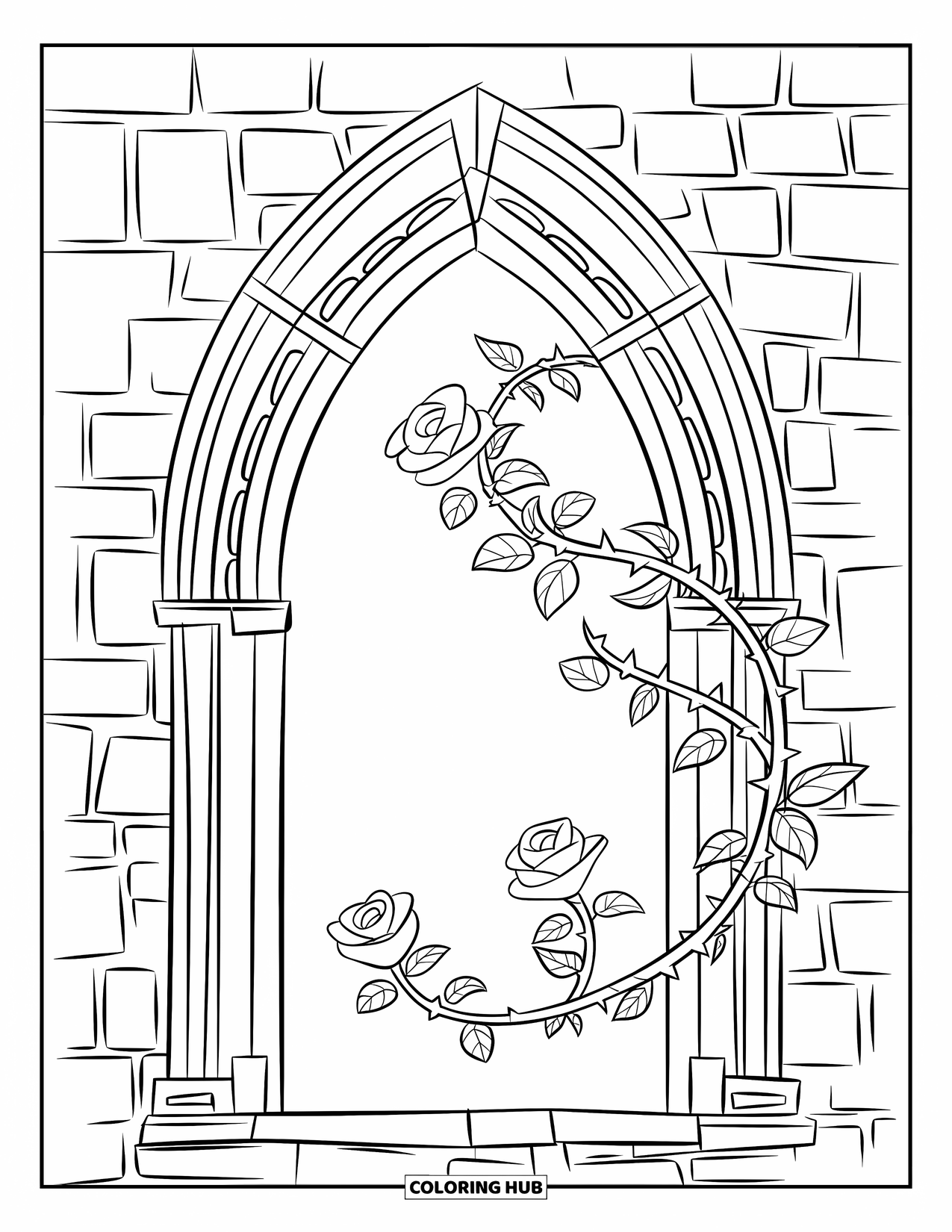 Gothic Coloring Page for Kids: A few blooming roses climb a decorated stone archway