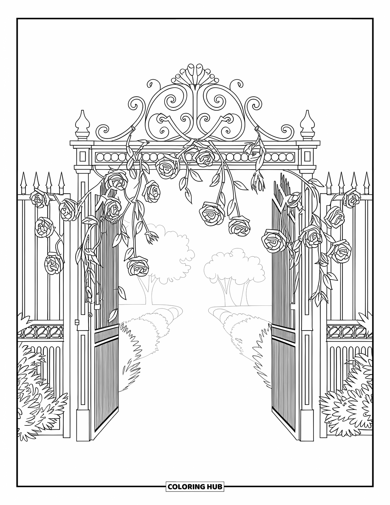 Gothic Coloring Page for Kids: A foggy path leads through thorny roses and a detailed, decorative iron gate
