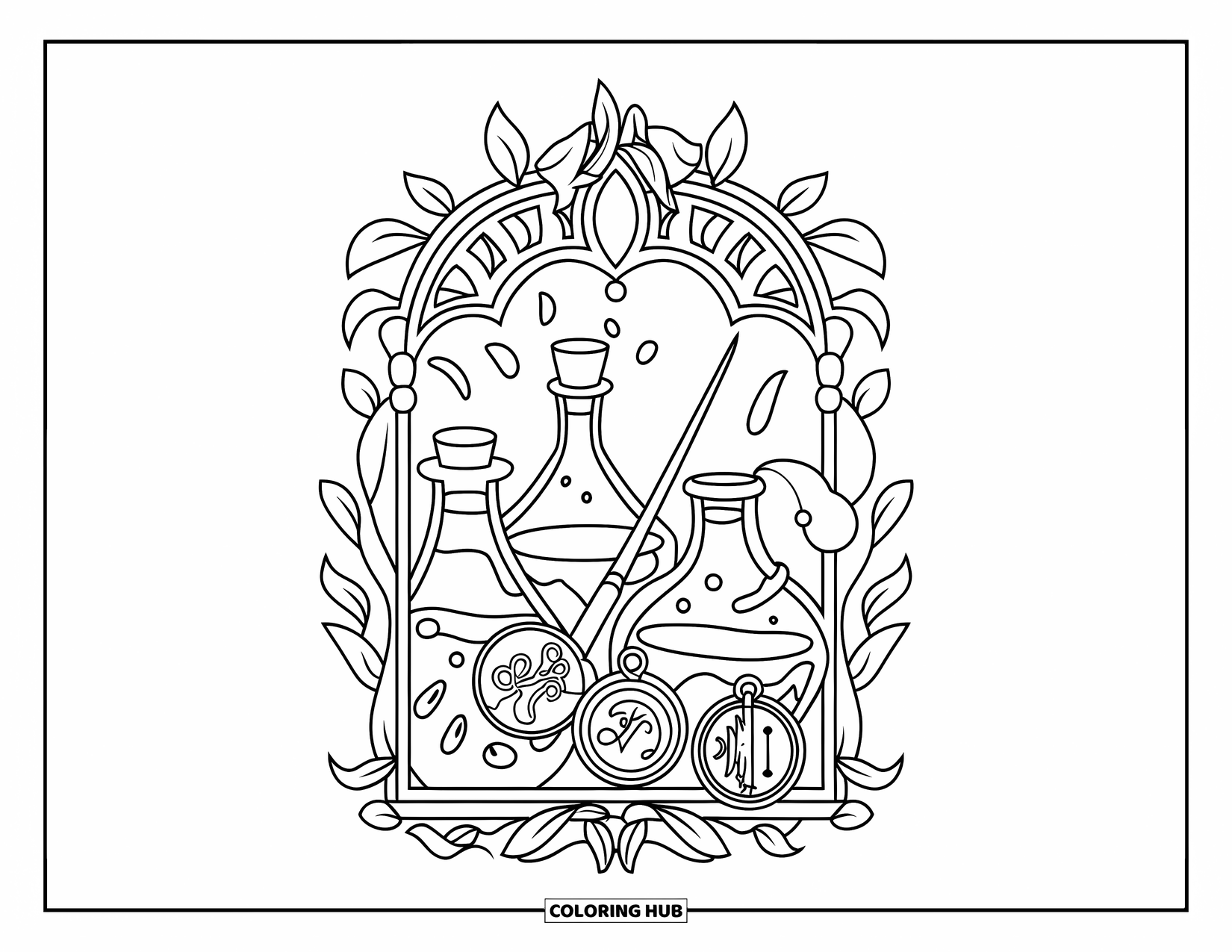 Gothic Coloring Page for Kids: A frame filled with potions, amulets, and a wand, wrapped in leaves and swirls