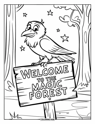 Kolorowanka gotycka dla dzieci: Przyjazny kruk siedzi na tablicy z napisem "Welcome to the Magic Forest"