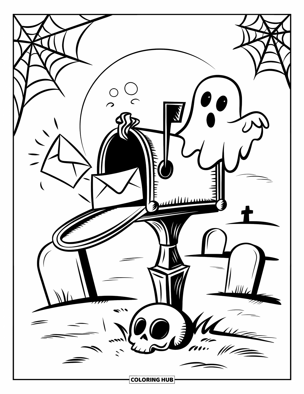 Gothic Coloring Page for Kids: A ghost in a top hat rises from a mailbox near tombstones and spider webs