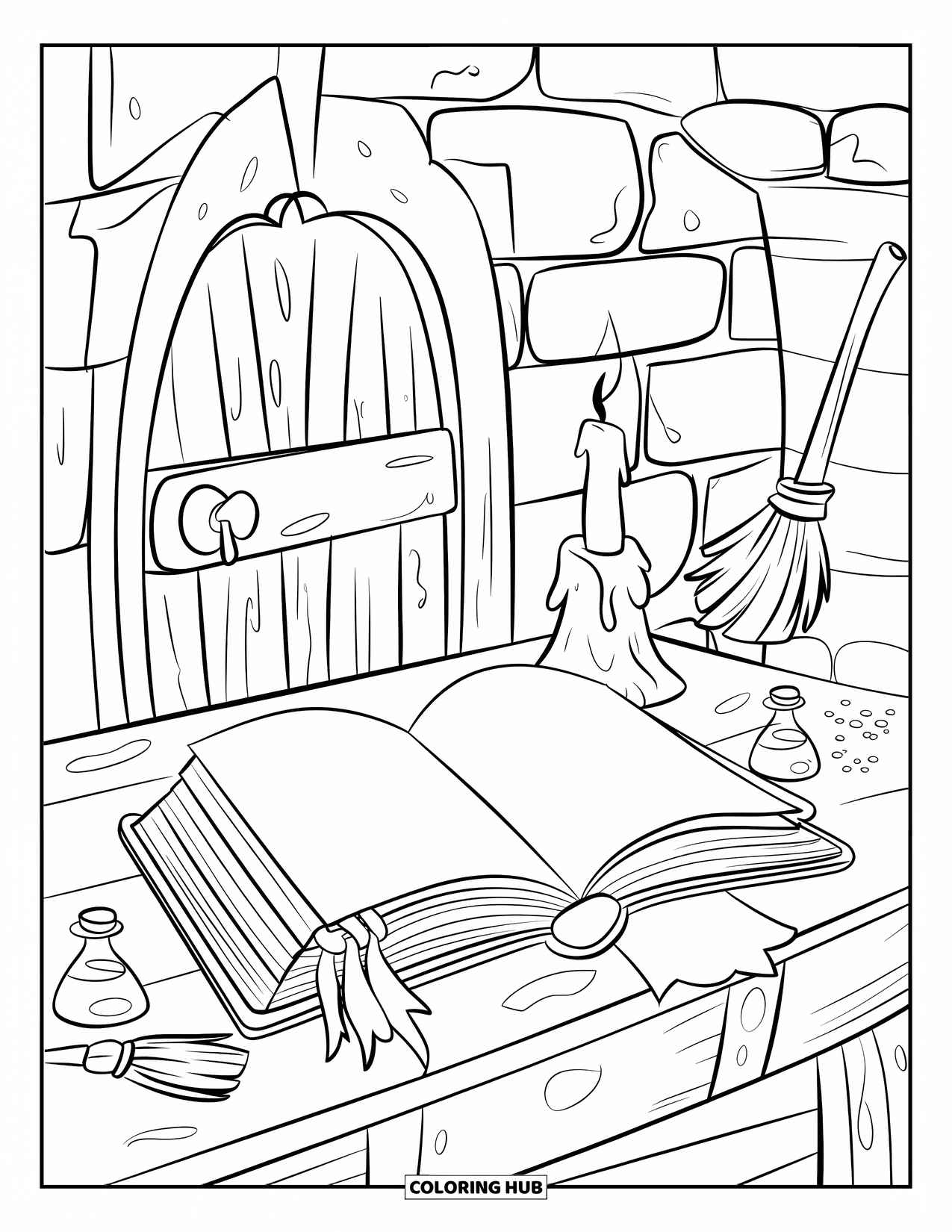 Gothic Coloring Page for Kids: A glowing spell book rests on a wooden desk surrounded by potions and candlelight