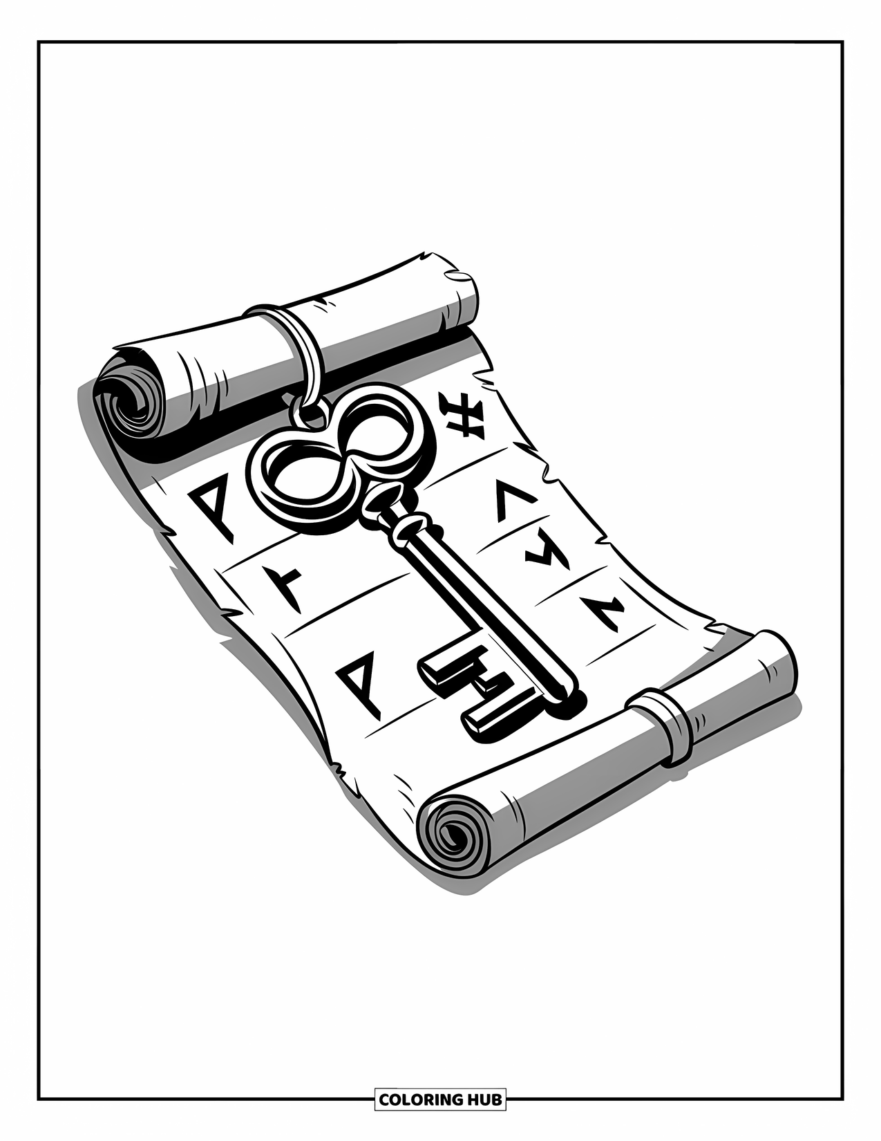 Gothic Coloring Page for Kids: A gothic key rests on a scroll covered in mysterious runes and tied with ribbon