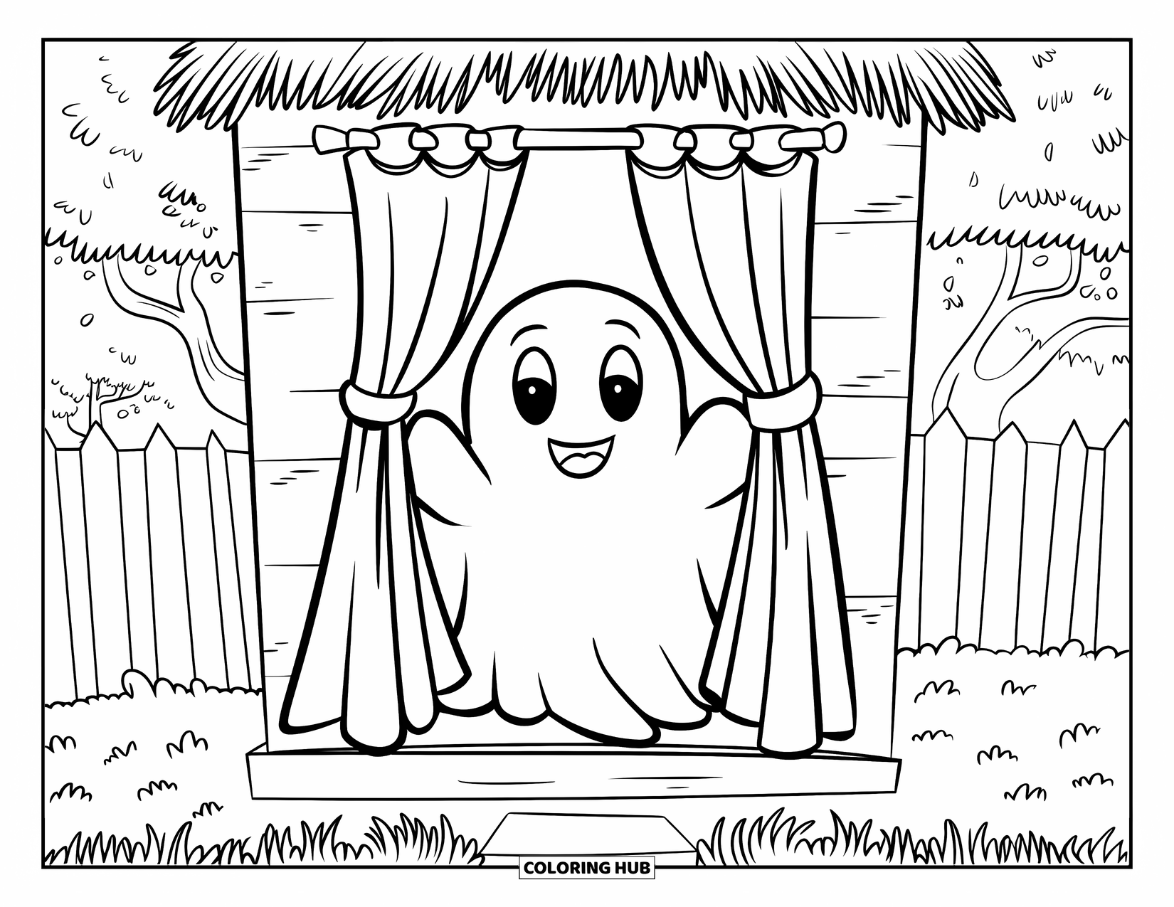 Gothic Coloring Page for Kids: A happy little ghost peeks out near trees and a cozy house with grass below
