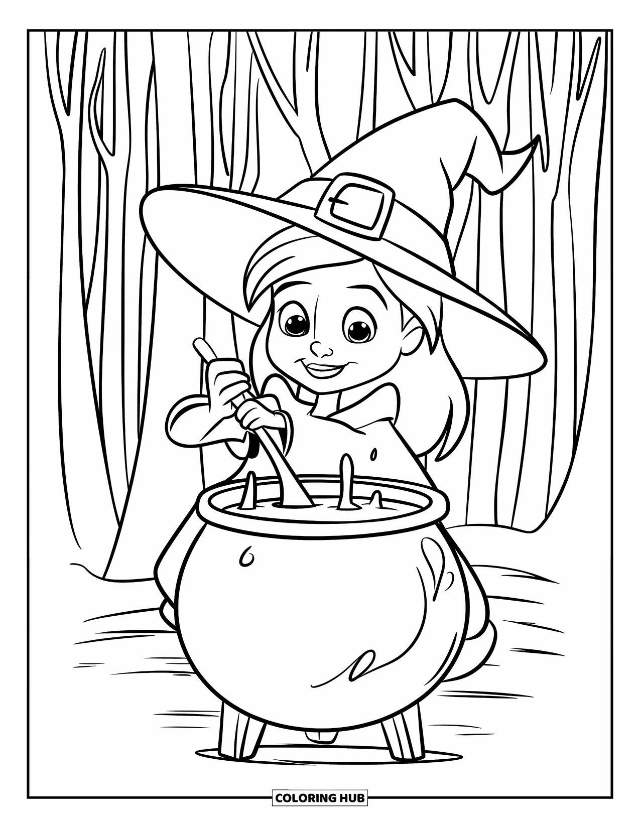 Gothic Coloring Page for Kids: A happy little witch stirs a bubbling pot among tall trees in the forest