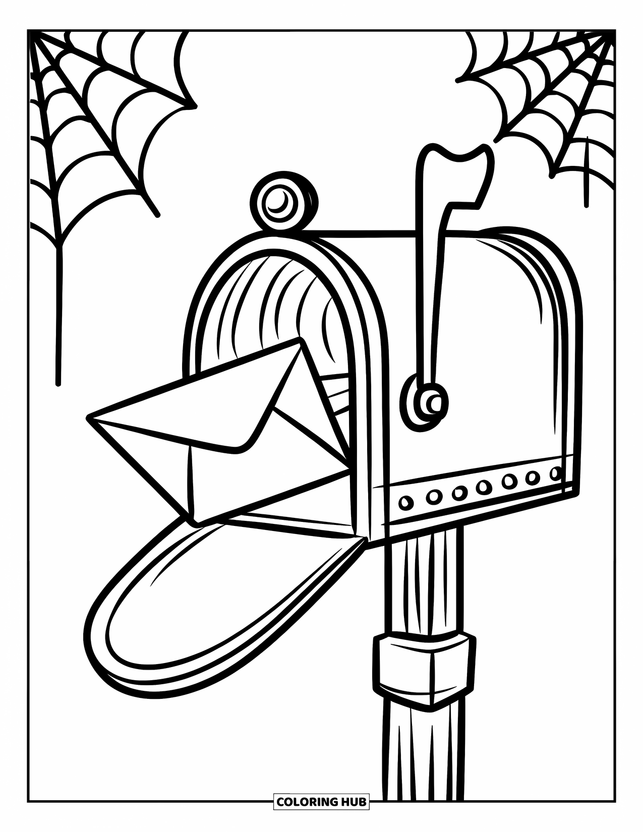 Gothic Coloring Page for Kids: A haunted mailbox releases a letter while spider webs hang nearby