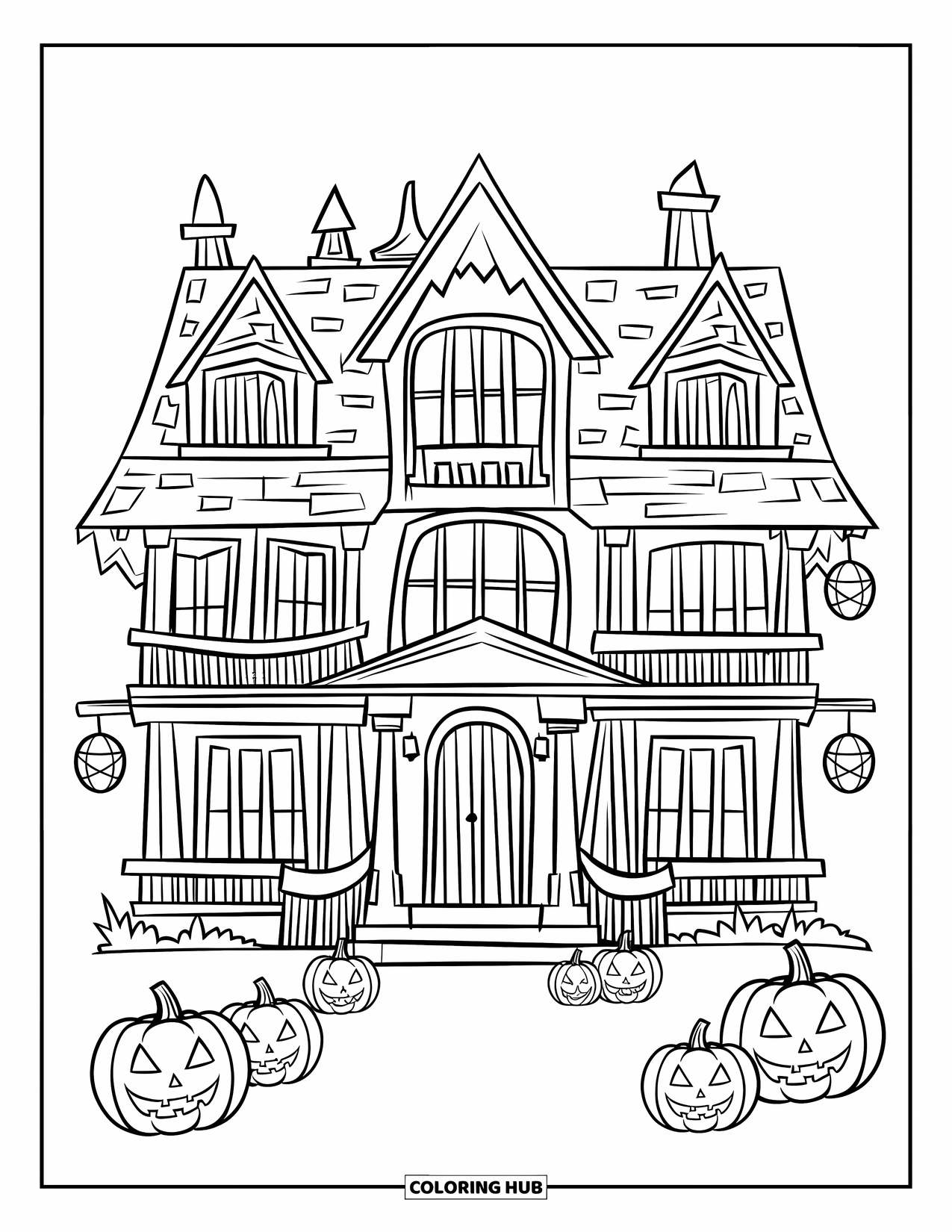 Gothic Coloring Page for Kids: A haunted mansion glows with lanterns and pumpkins under a dark, eerie sky