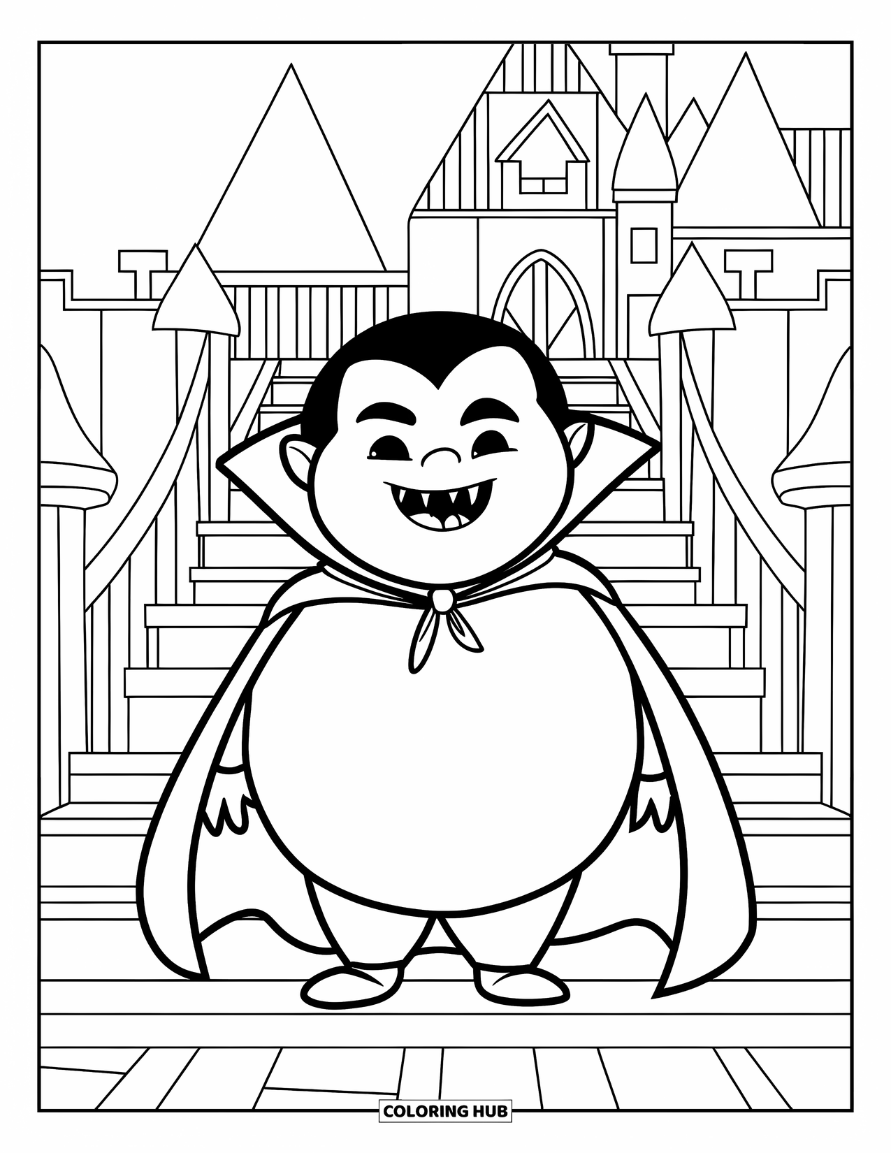 Gothic Coloring Page for Kids: A little vampire with fangs stands on castle steps with towers behind