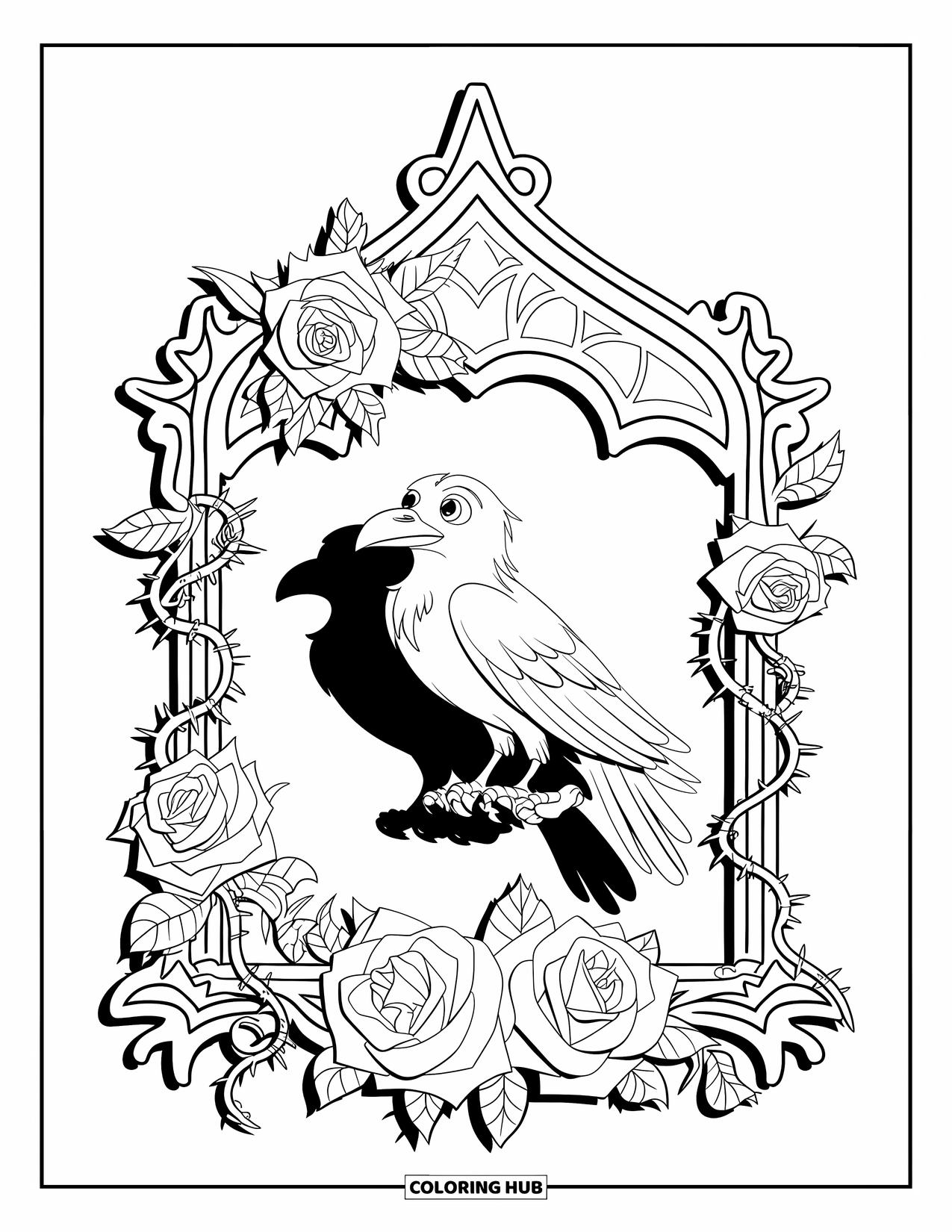 Gothic Coloring Page for Kids: A raven rests in the center of a thorny rose frame with leafy vines