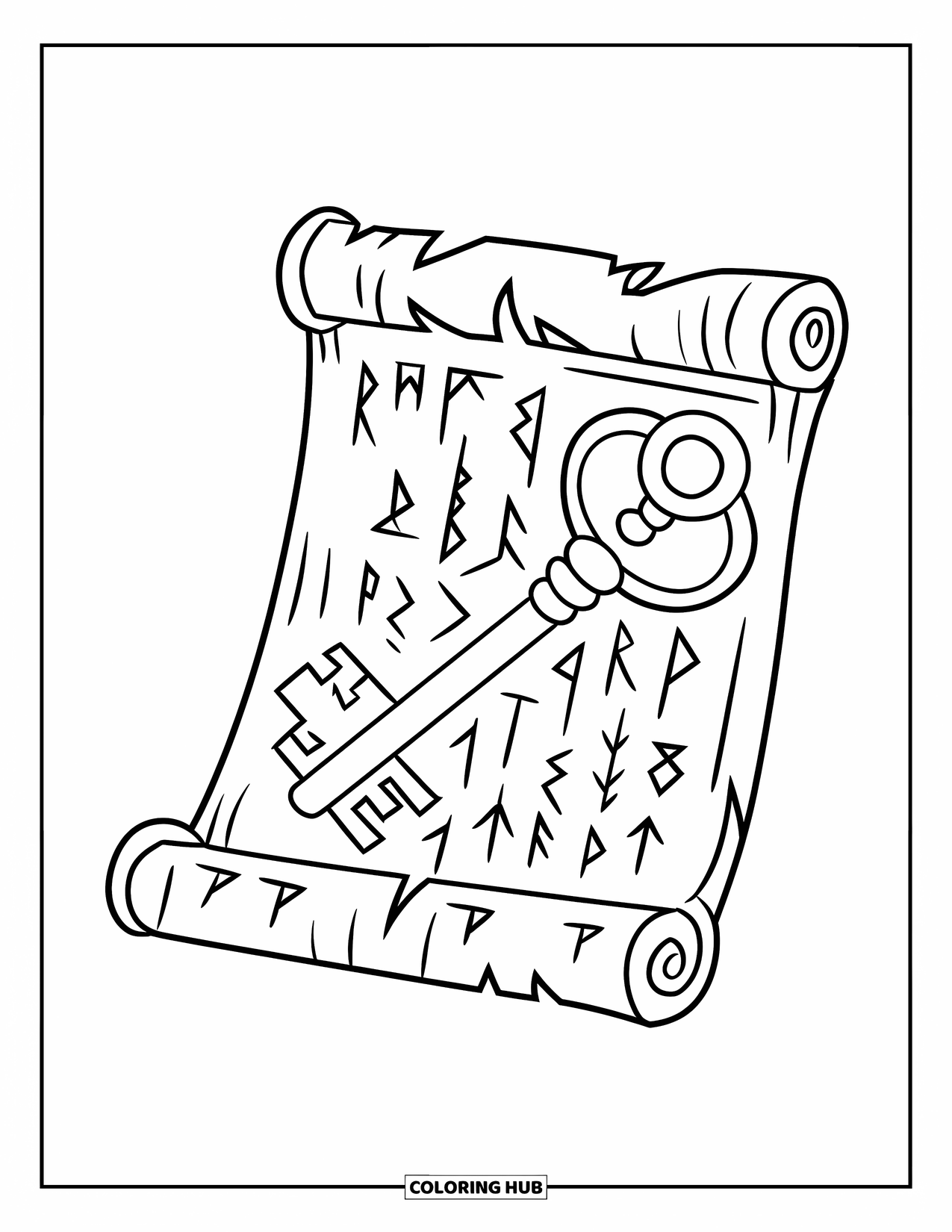 Gothic Coloring Page for Kids: A scroll with runes holds an ornate gothic key in a clean, expressive design